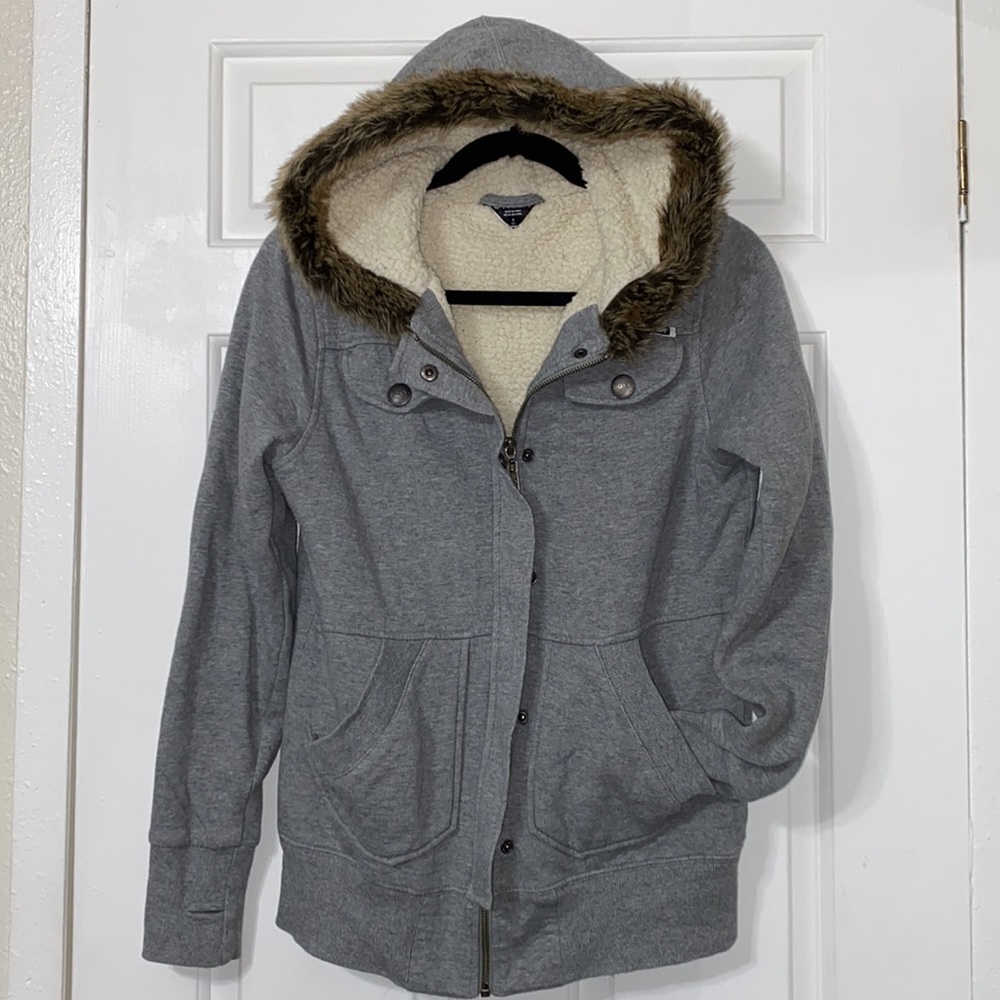 ‼️SOLD‼️ROXY | Jacket Hoodie | Gray Hooded Fur Trim